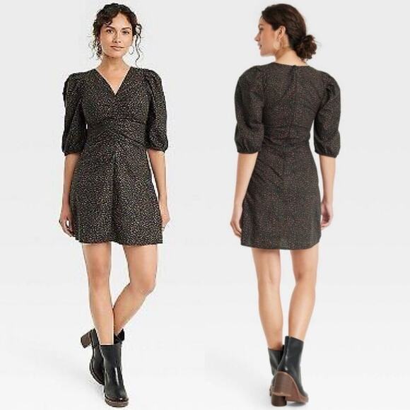 UNIVERSAL THREAD • Elbow Puff Sleeve Ruched V-Neck Mini Dress - Picture 1 of 7